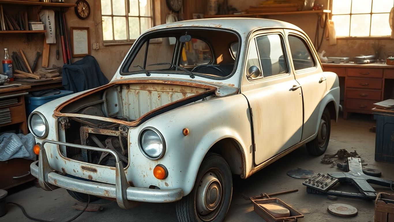 Old Fiat car being stripped down in a workshop.