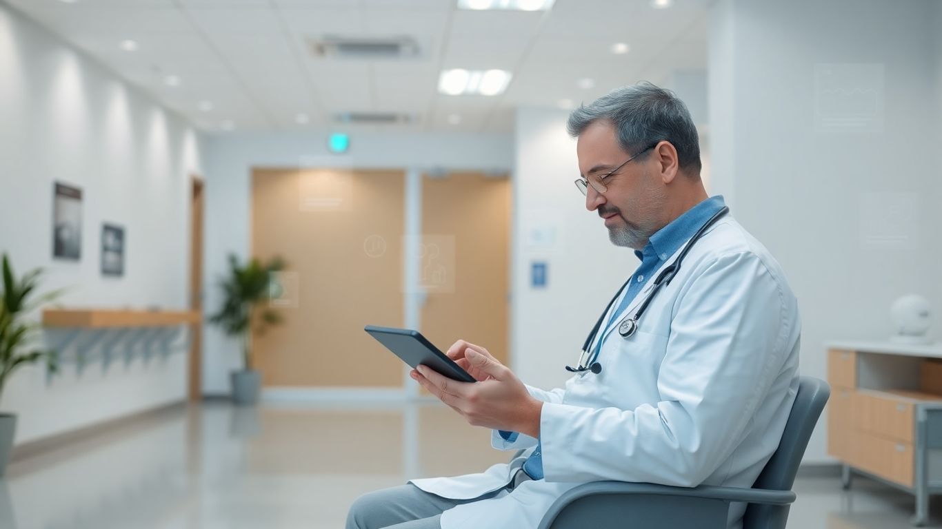 Clinic patient using a tablet with digital communication overlay.