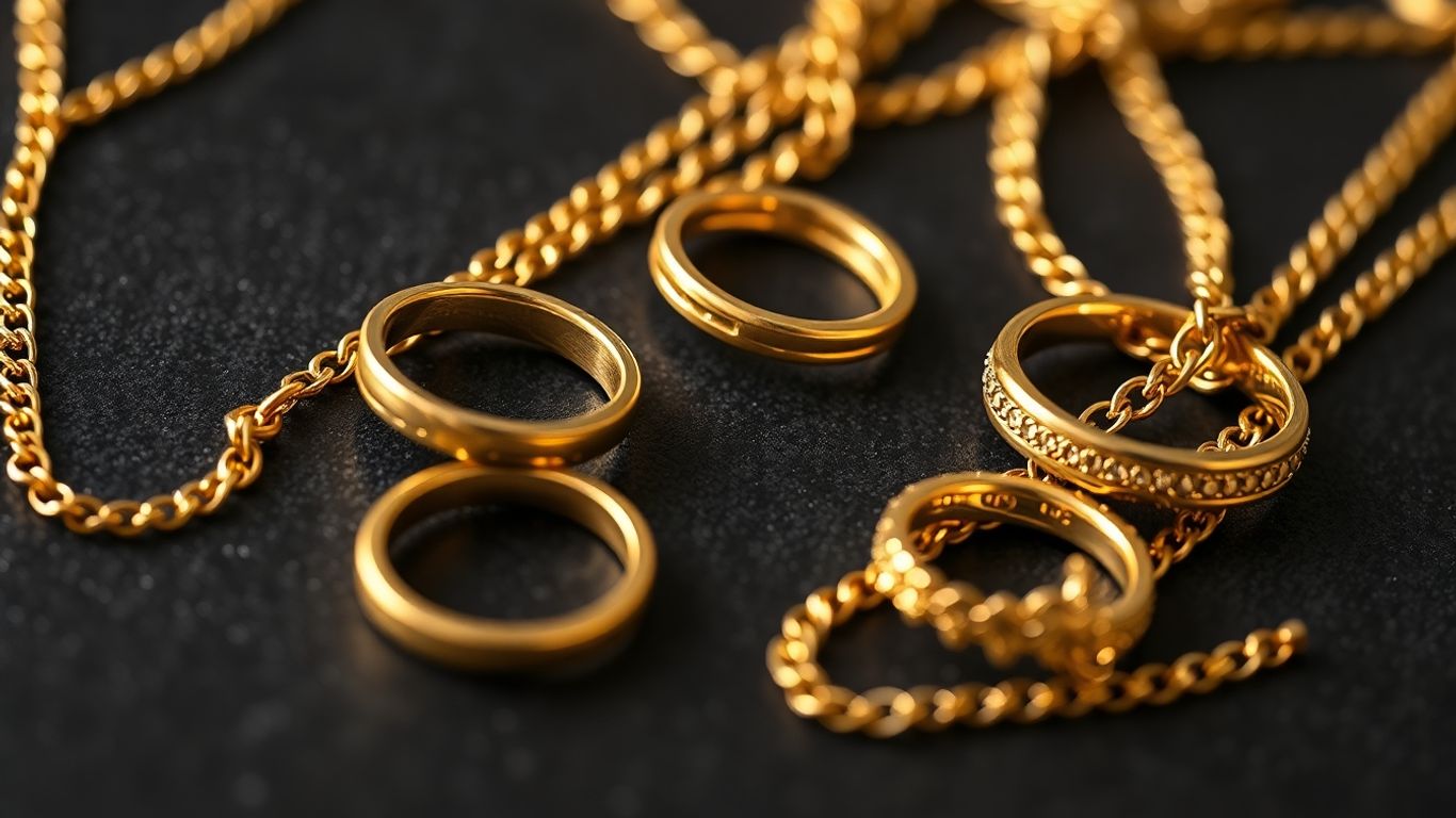 Bijoux en or brillants, gros plan sur des bagues et colliers.