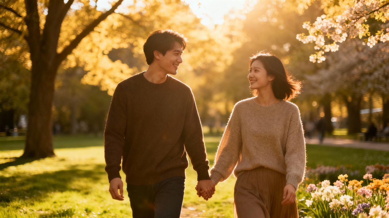 Couple holding hands in a park.