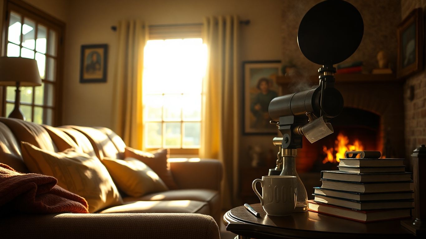 Sala de estar acogedora con chimenea y luz natural.