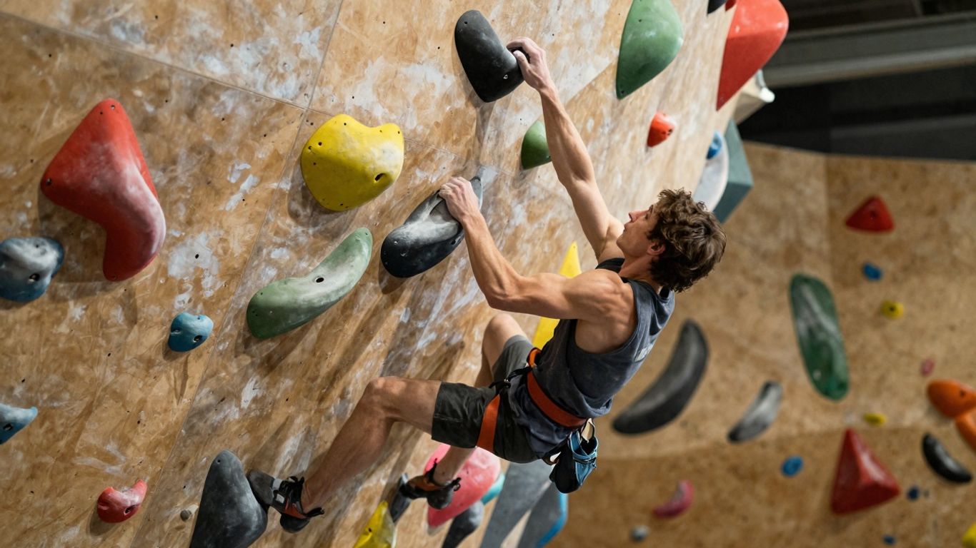 Climber performing advanced dyno move on indoor bouldering wall.