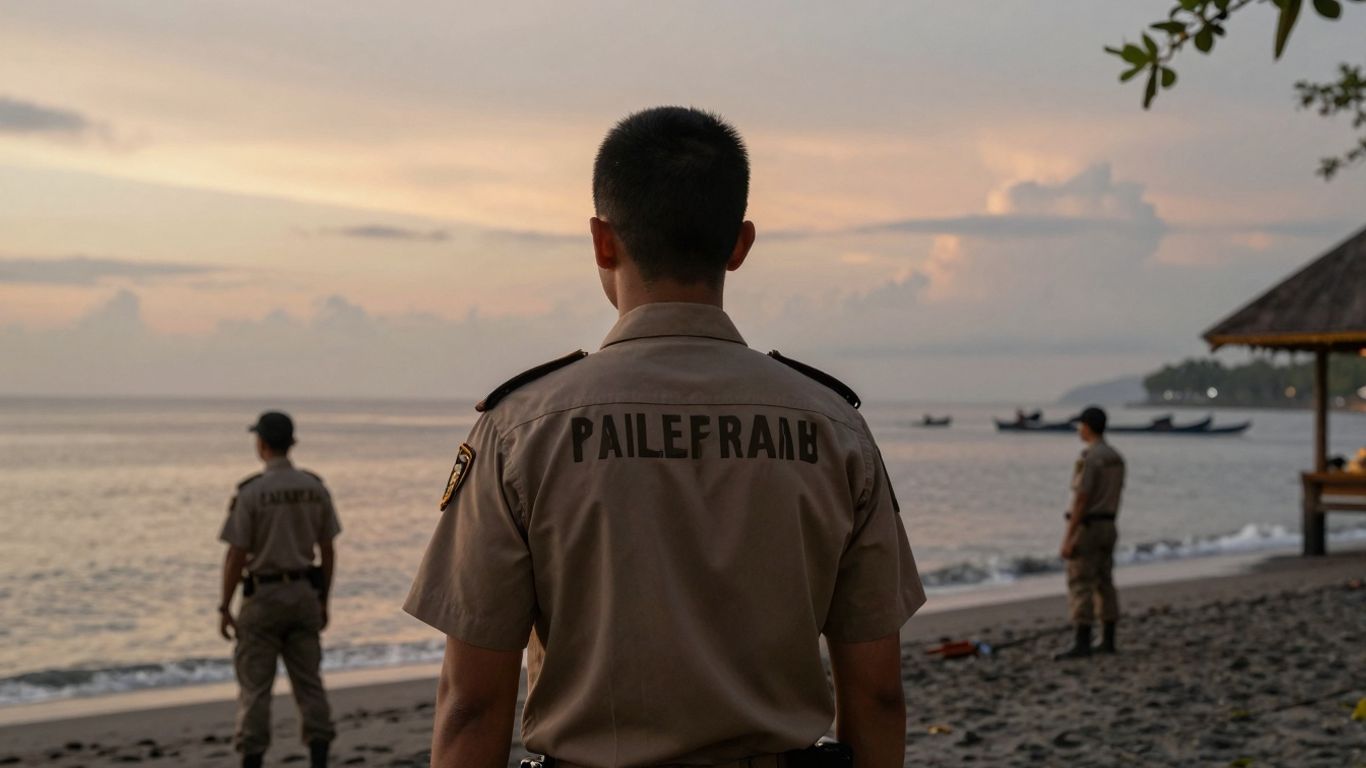 Balinese beach with discreet security personnel at dusk.