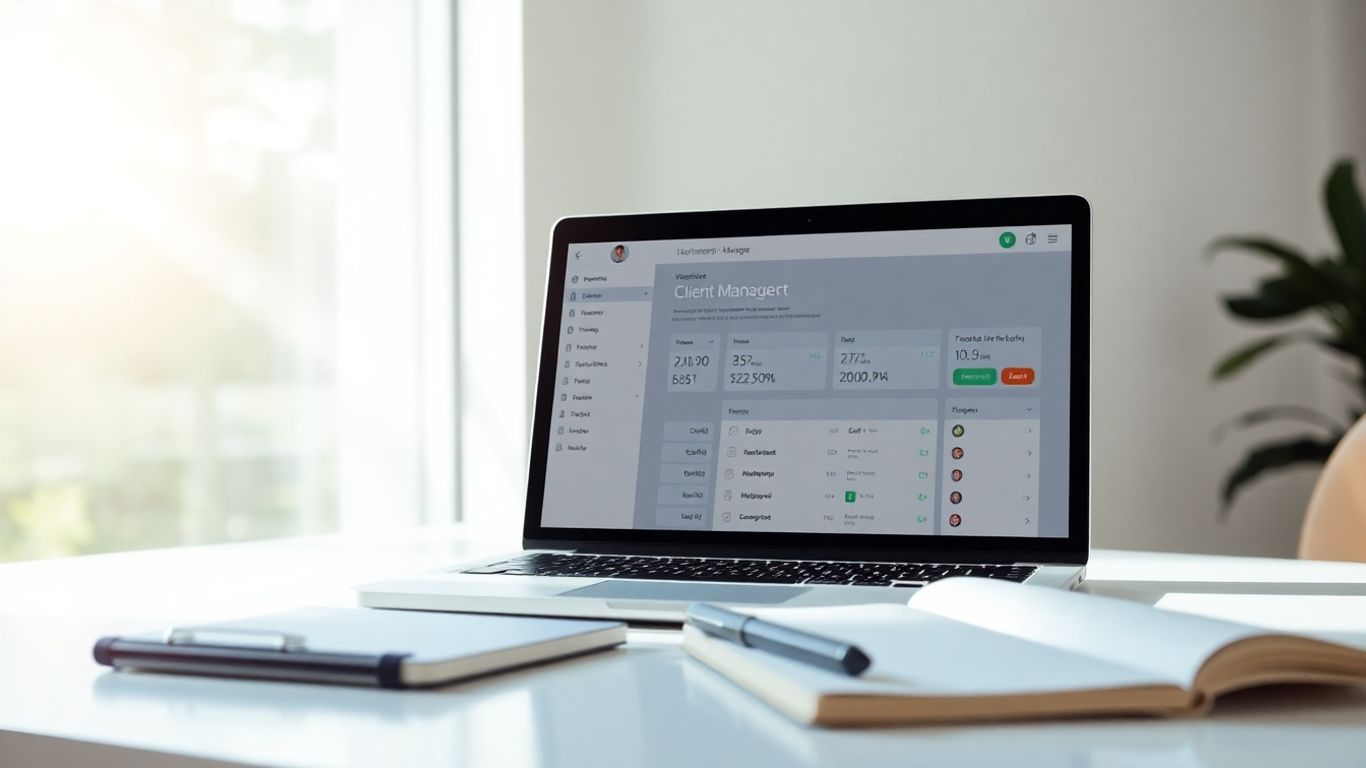 Freelancer's desk with laptop showing client database.
