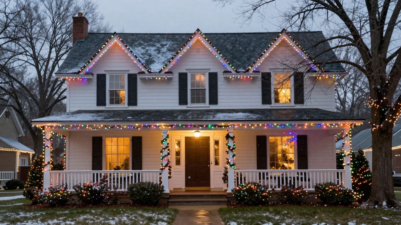 Festive Christmas lights illuminating a house in O'Fallon, MO.