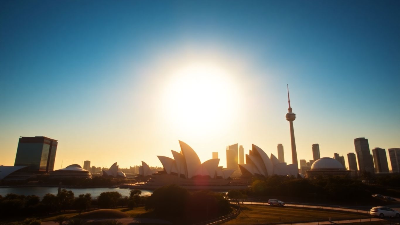 Australian landmarks under sunlight, news broadcast energy.