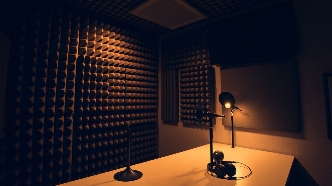 Professional podcast studio with soundproofing and recording equipment.