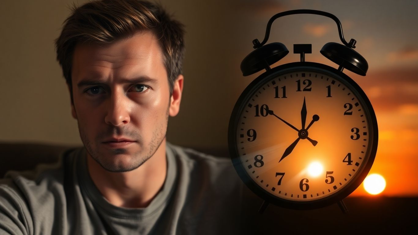 Personne fatiguée et horloge déréglée, symbolisant le changement d'heure.