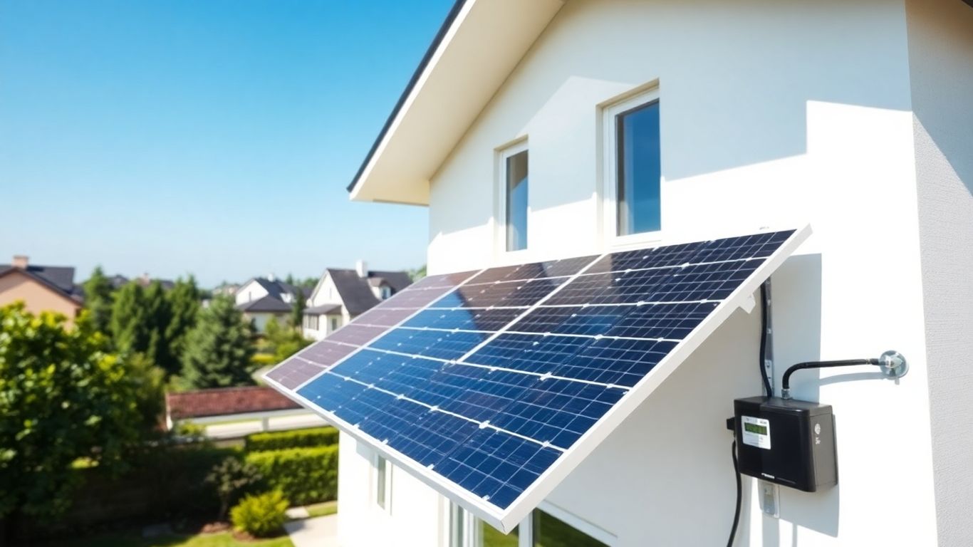 Maison moderne avec panneaux solaires sur le toit, ciel bleu.