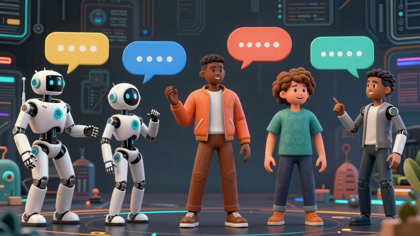 AI chatbots roleplaying in a futuristic digital landscape.