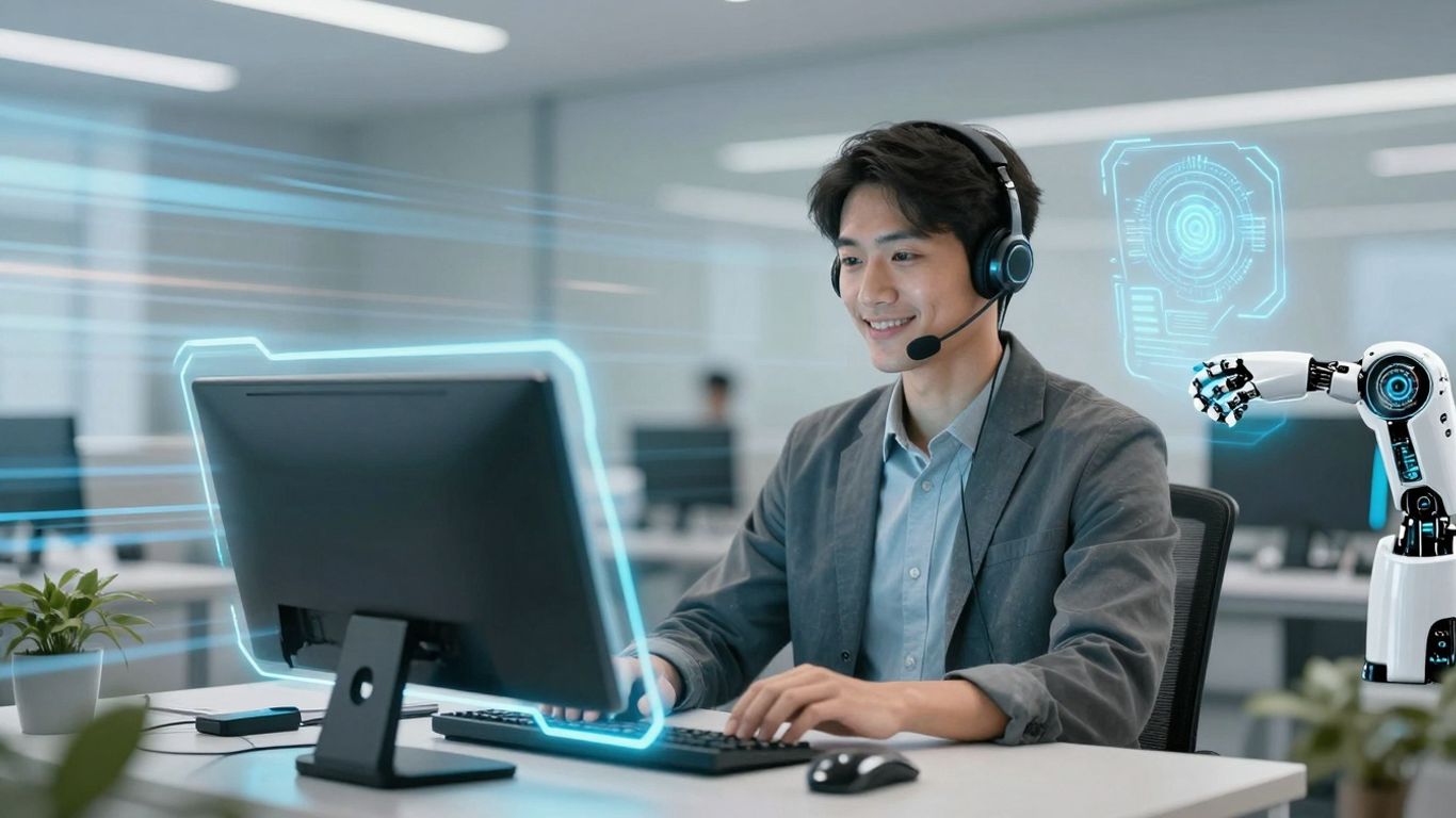 Cliente sonriente interactuando con IA de atención al cliente.