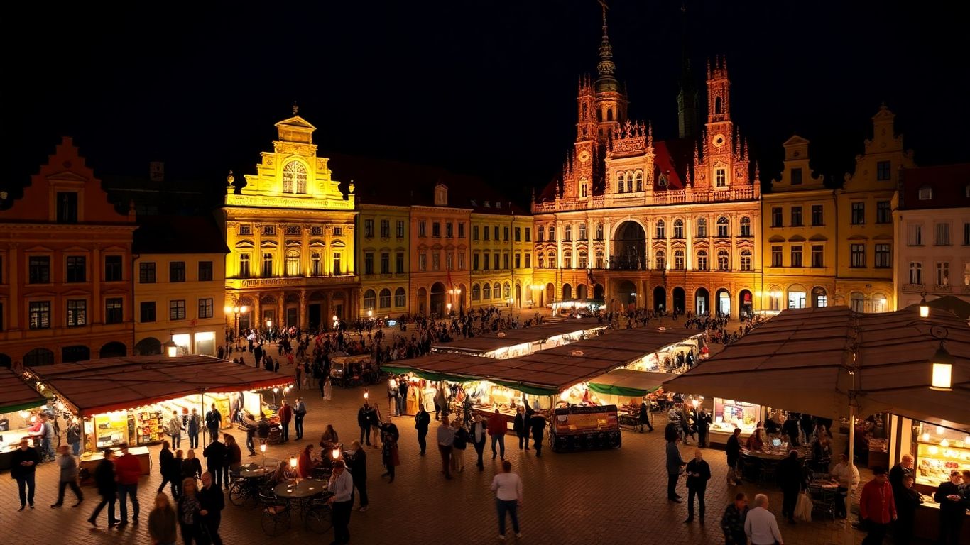 Rynek Główny w Krakowie nocą, ludzie, budynki, światła