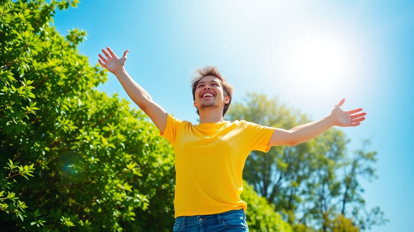 Person feeling energetic outdoors with sun and greenery.