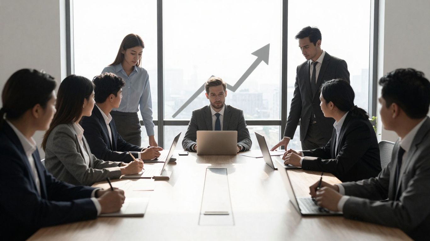 Business people collaborating, looking towards a bright future.