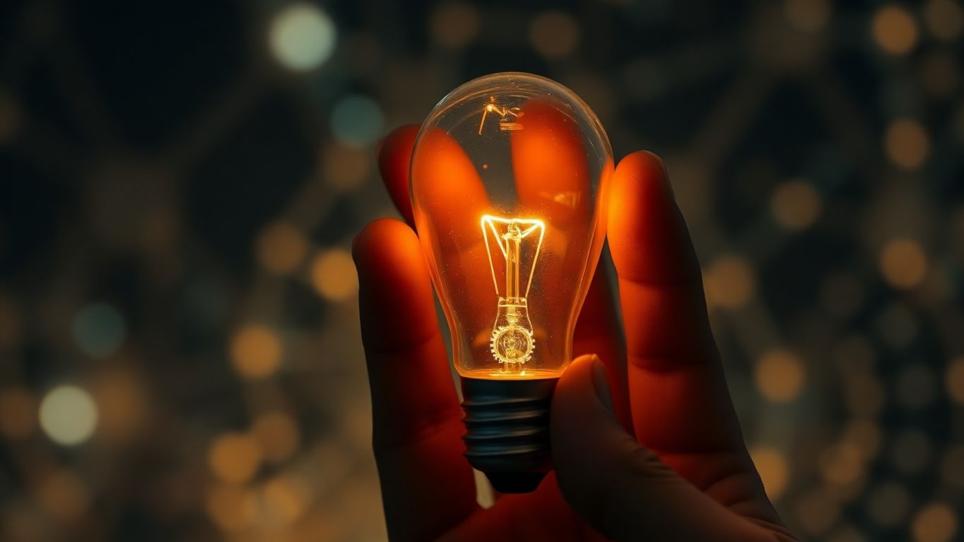 Hand holding a glowing lightbulb with gears inside.