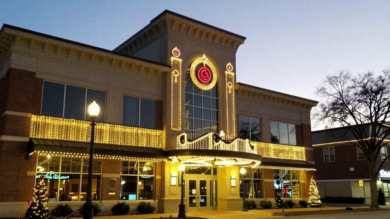 Commercial building decorated with professional Christmas lights.