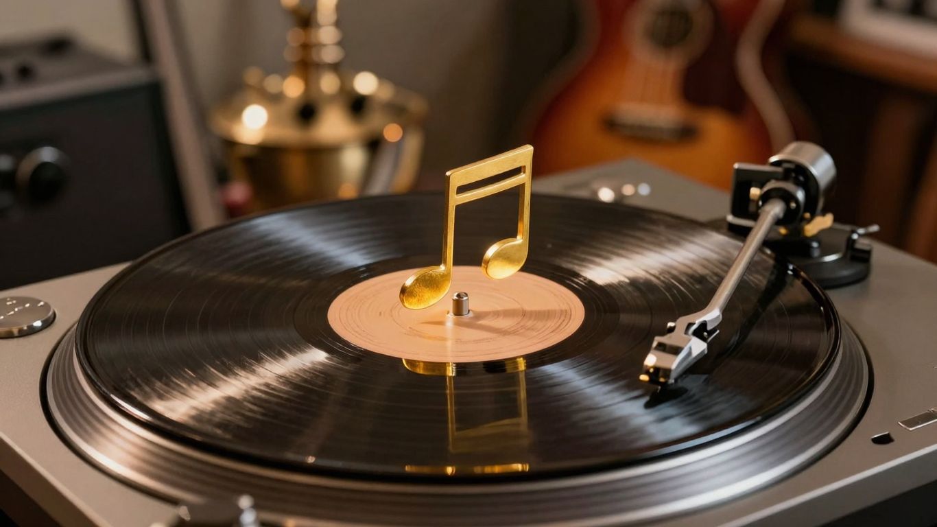 Vinyl record spinning with golden music note.