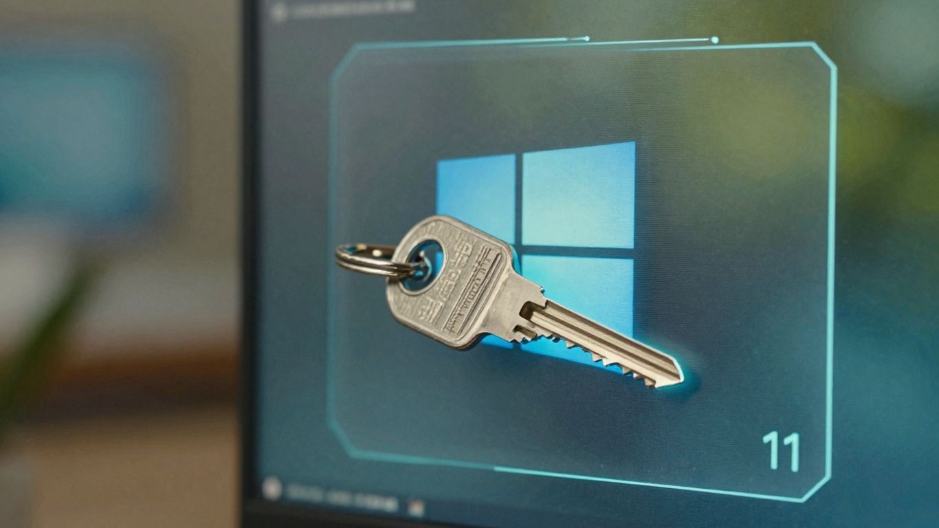Llave digital desbloqueando logo de Windows 11.