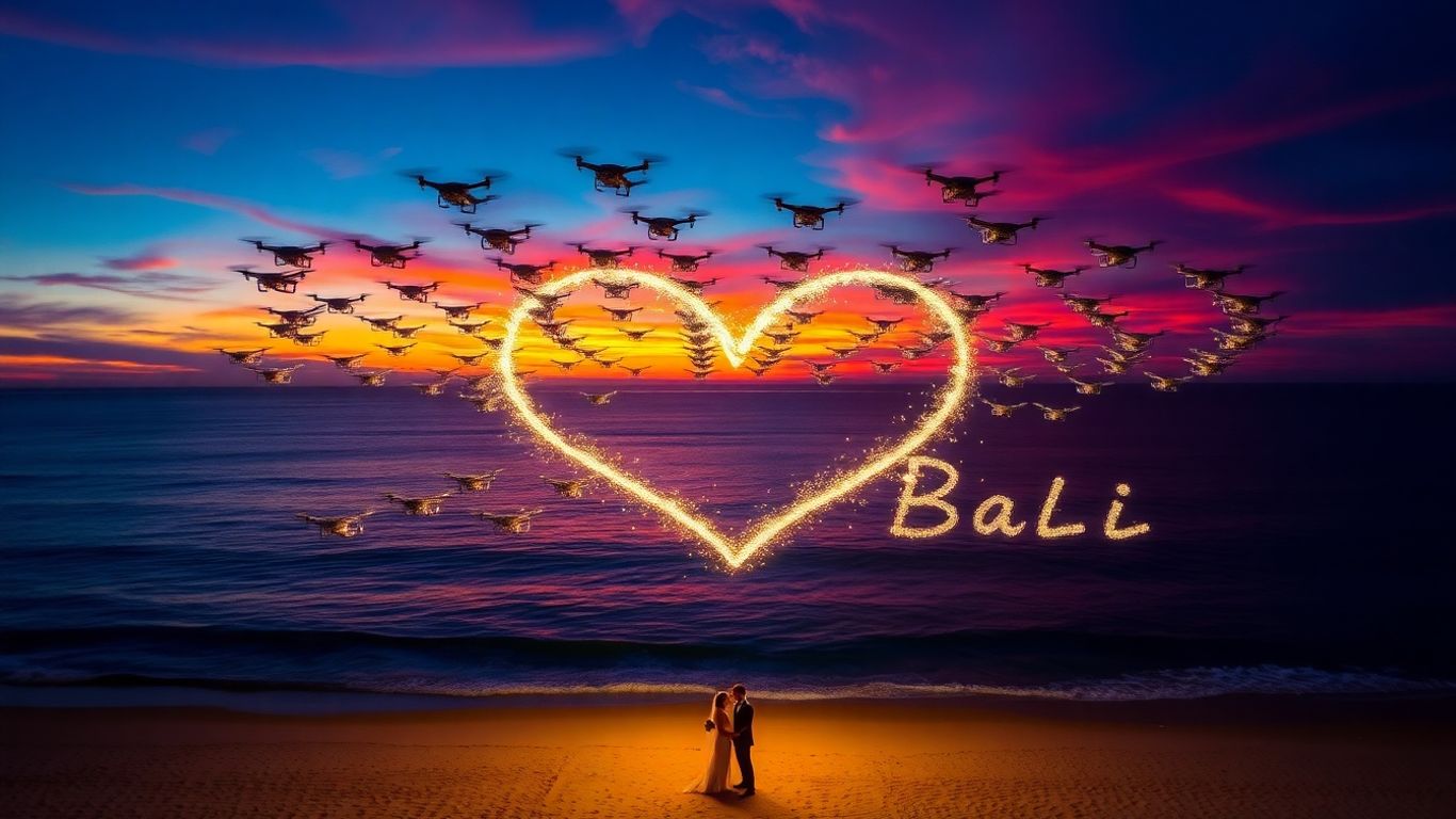 Wedding drones forming a heart over Bali beach.