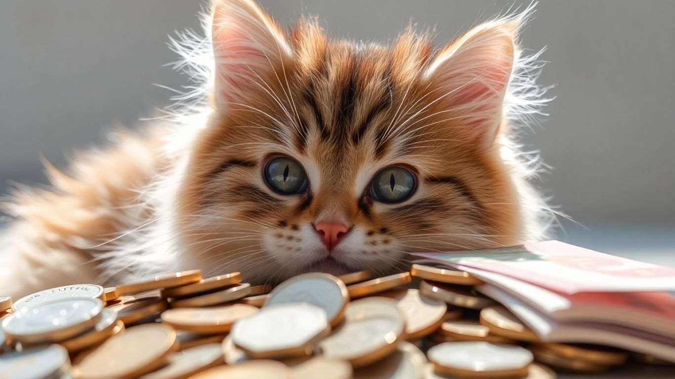 Katze sitzt auf Geldmünzen und Scheinen