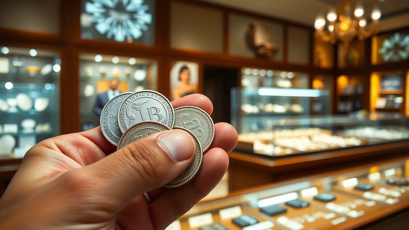 Hand holding silver coins inside a jewelry store