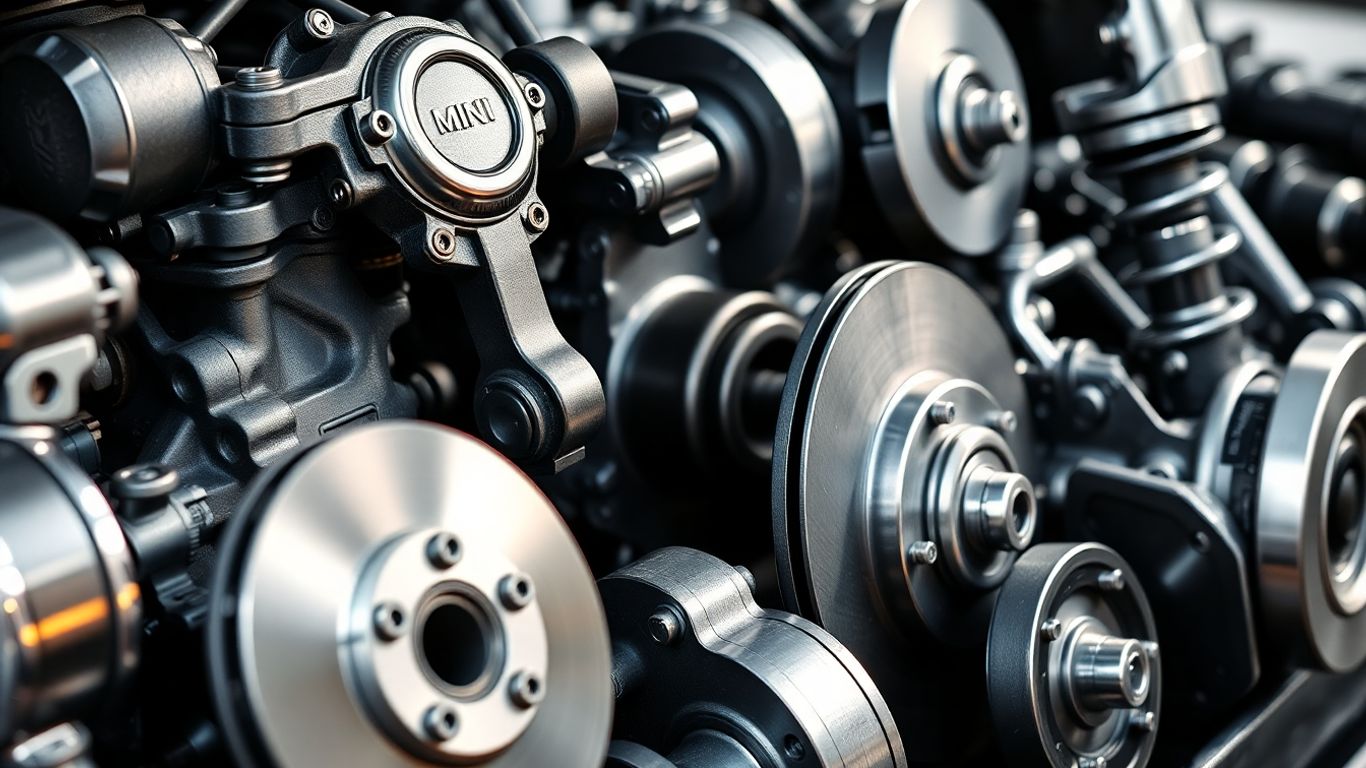 Collection of shiny Mini Cooper car parts.