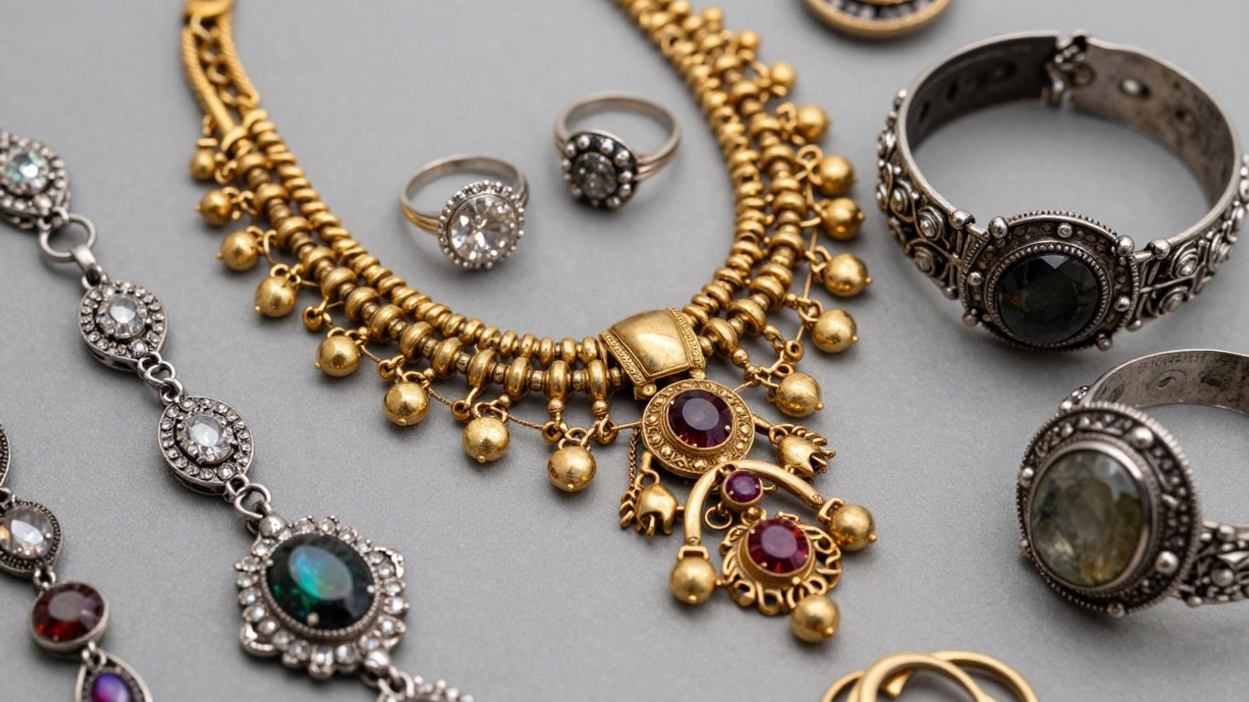 Collection of antique jewelry with gold, diamonds, and silver.