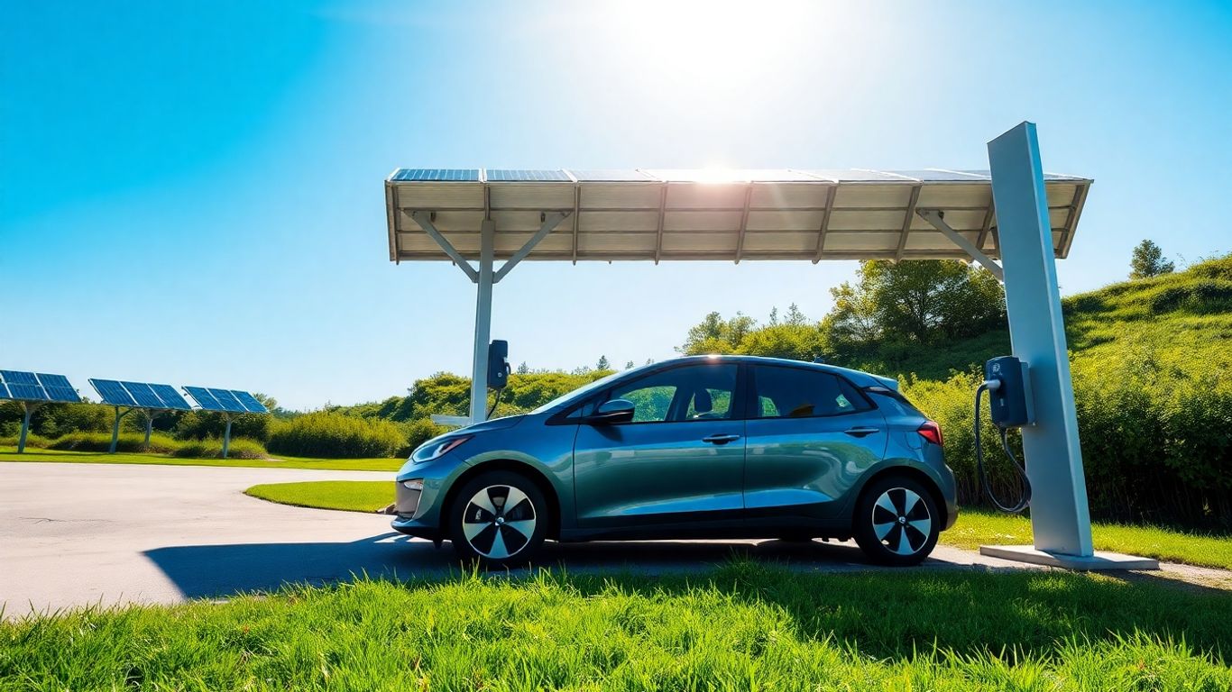 Voiture électrique charge sous borne solaire par temps ensoleillé.