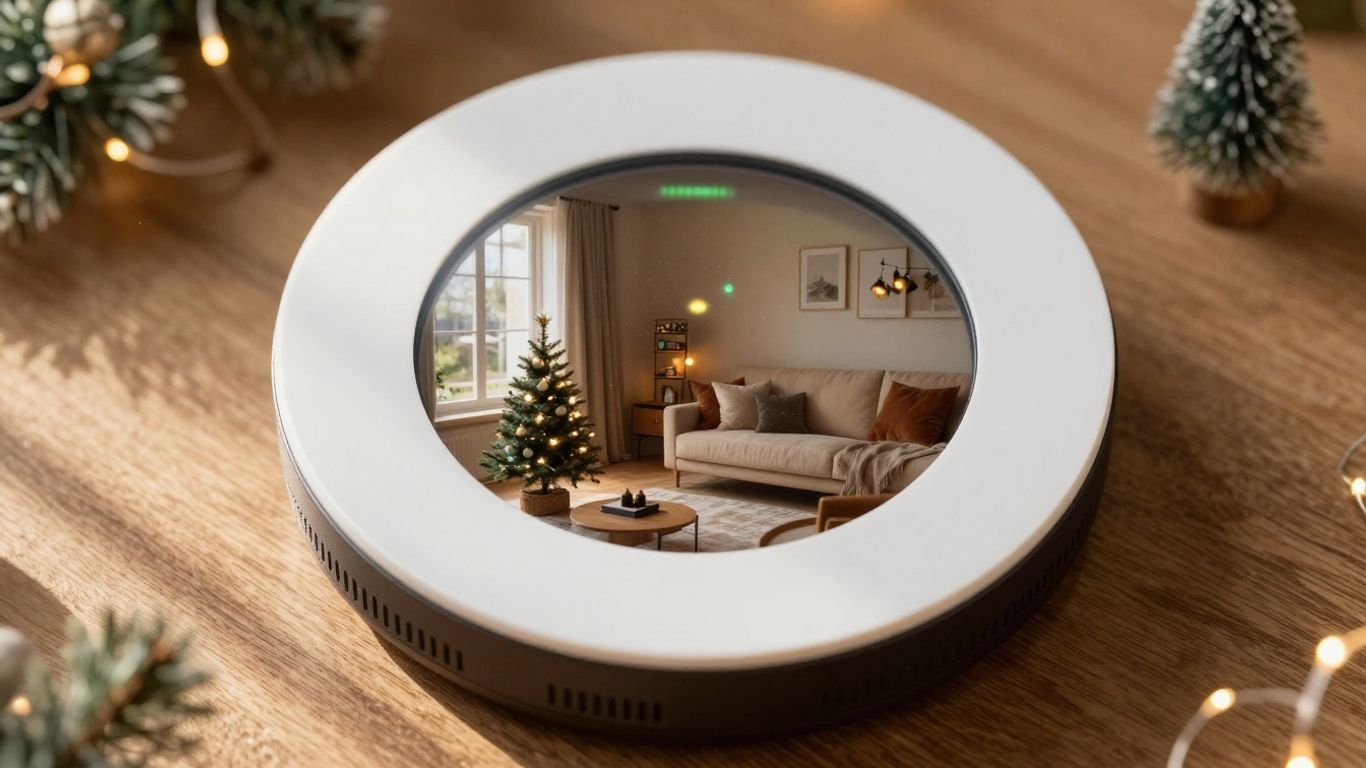 Smart thermostat in a decorated holiday living room.