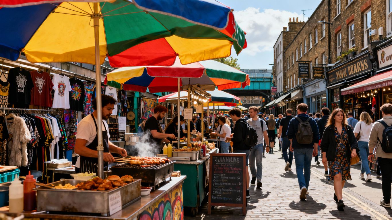 Busy Camden Market in London with crowds and stalls
