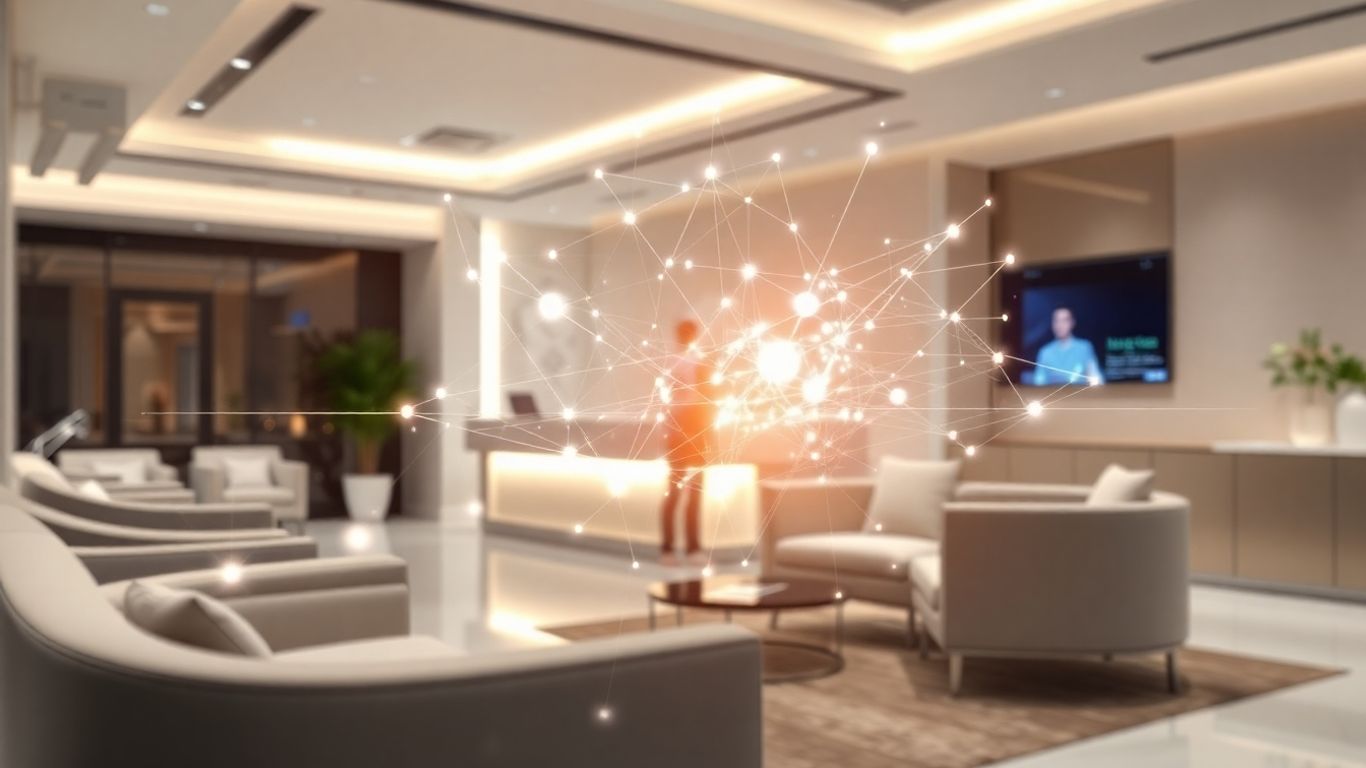Medspa interior with AI interface and client interaction.