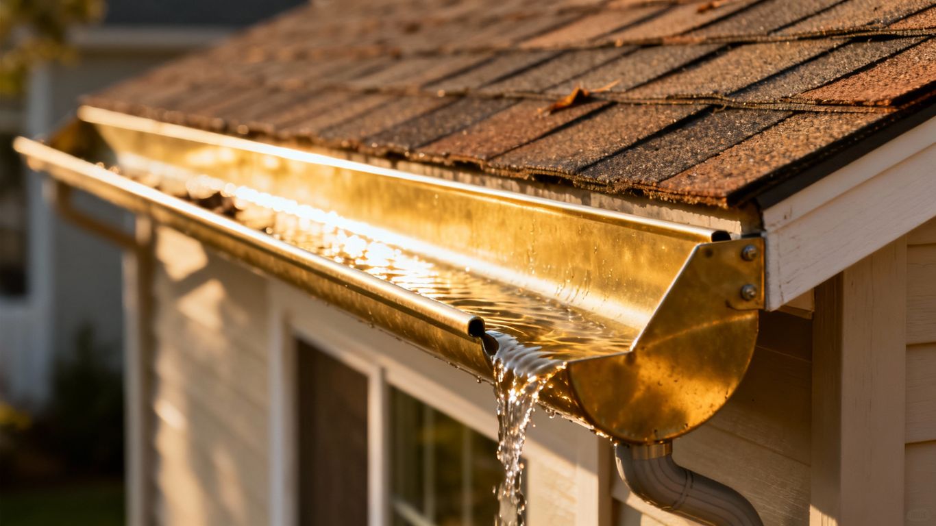 Clean gutters directing water away from a house.