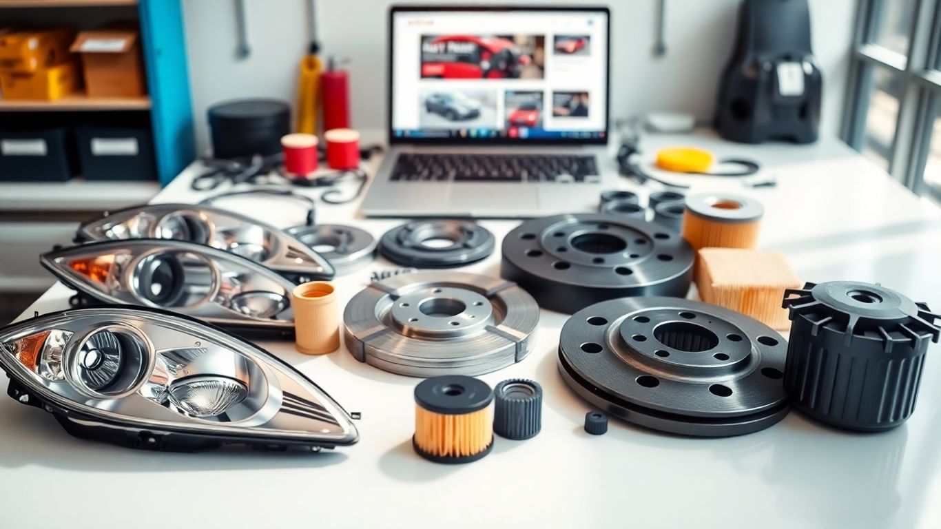 Assorted Nissan auto parts on workbench with laptop nearby.