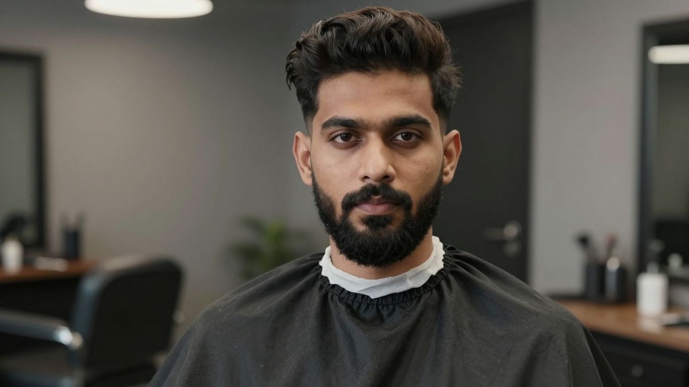 Man with stylish haircut and beard in barbershop.