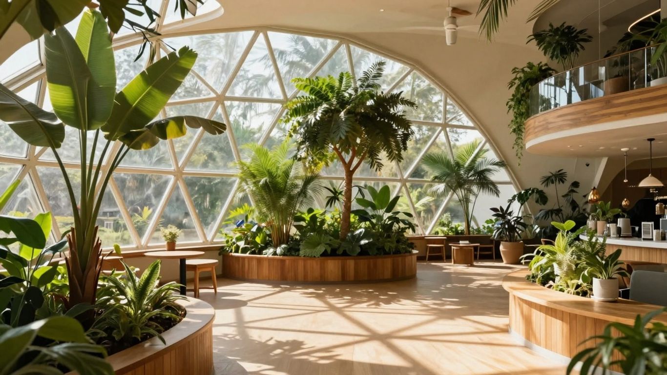 Intérieur d'une maison solaire avec des plantes vertes et lumière naturelle.