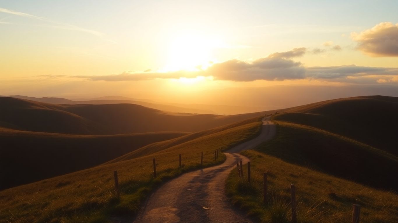 Sonnenaufgang über Hügeln mit einem Weg