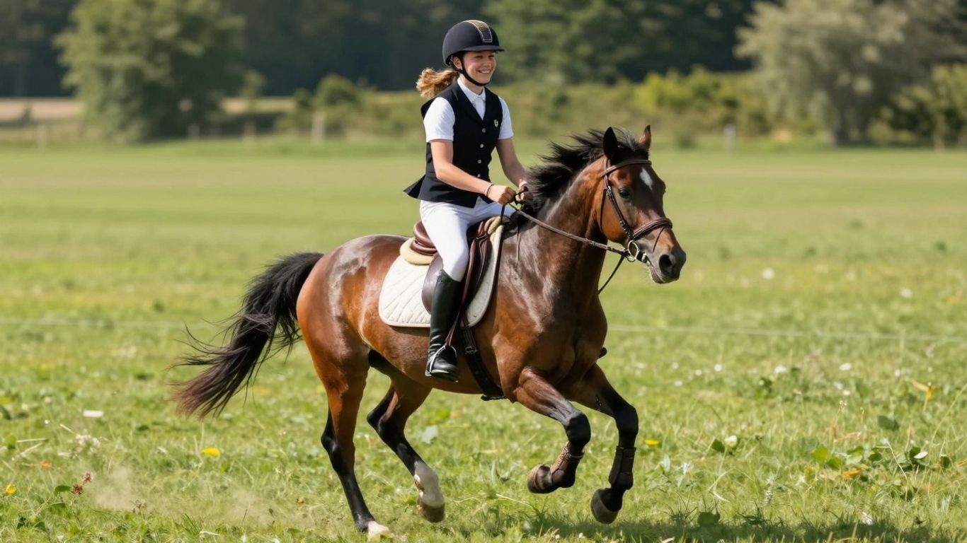 Young rider on pony in grassy field