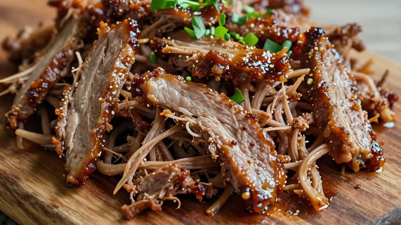 Bourbon brown sugar pulled pork on a wooden board.
