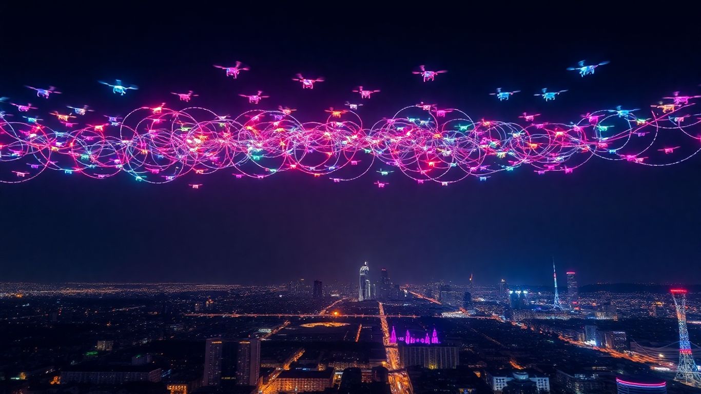 Pertunjukan drone di langit malam perkotaan.