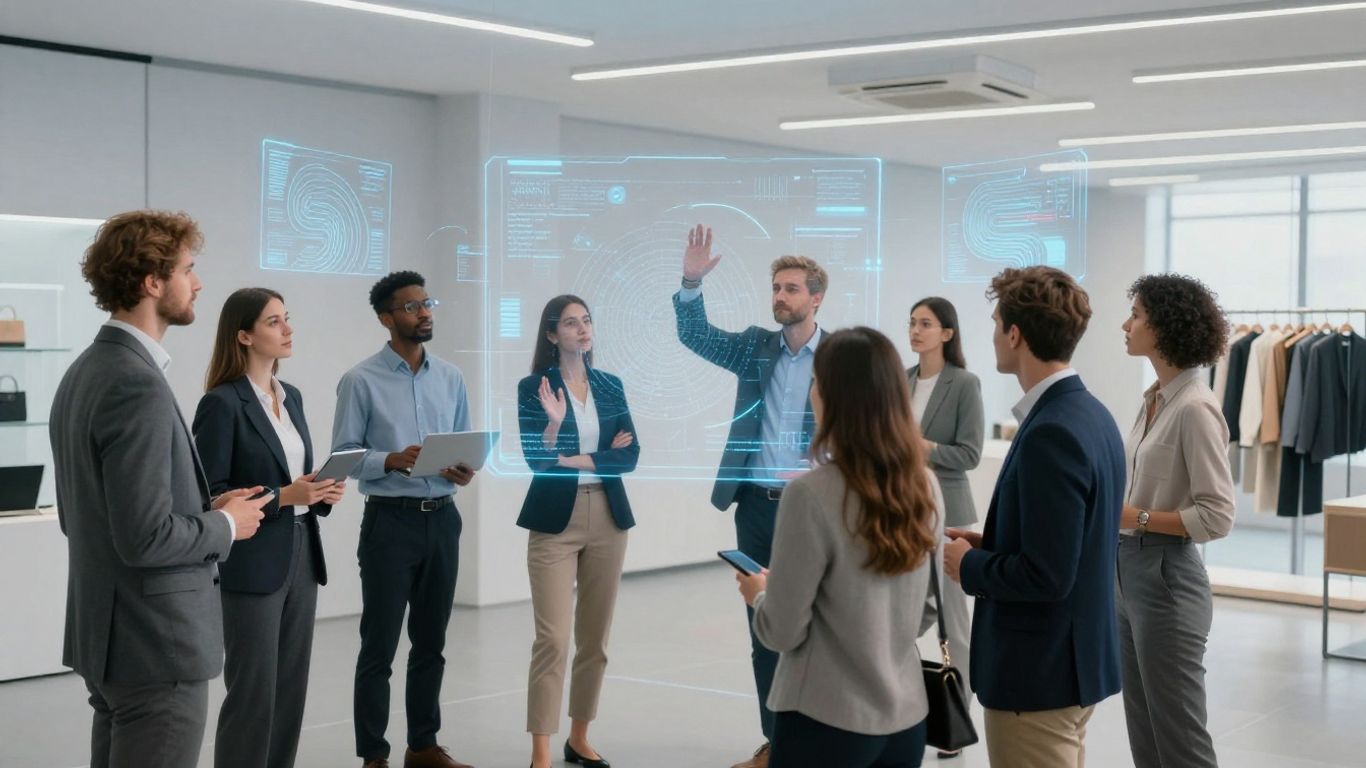Menschen interagieren mit digitalen Schnittstellen in einem modernen Büro.
