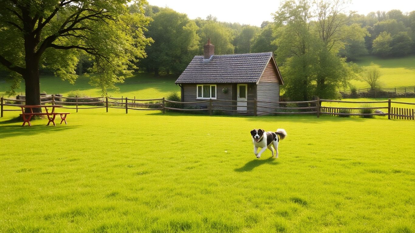 Dog playing in a secure field near a cottage.