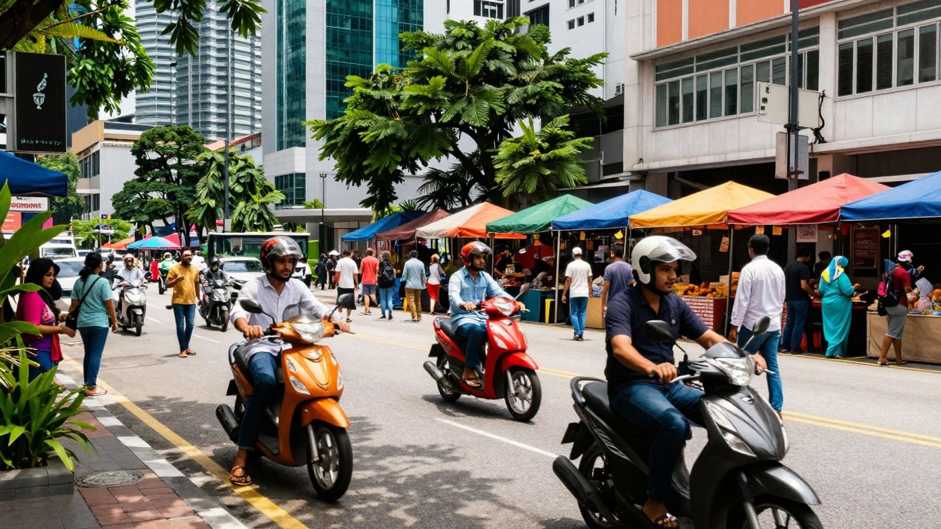 Kuala Lumpur street scene with diverse people and modern buildings.