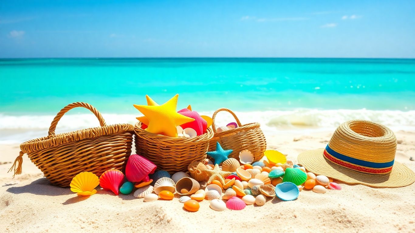 Kolorowe pamiątki na piaszczystej plaży podczas wakacji.