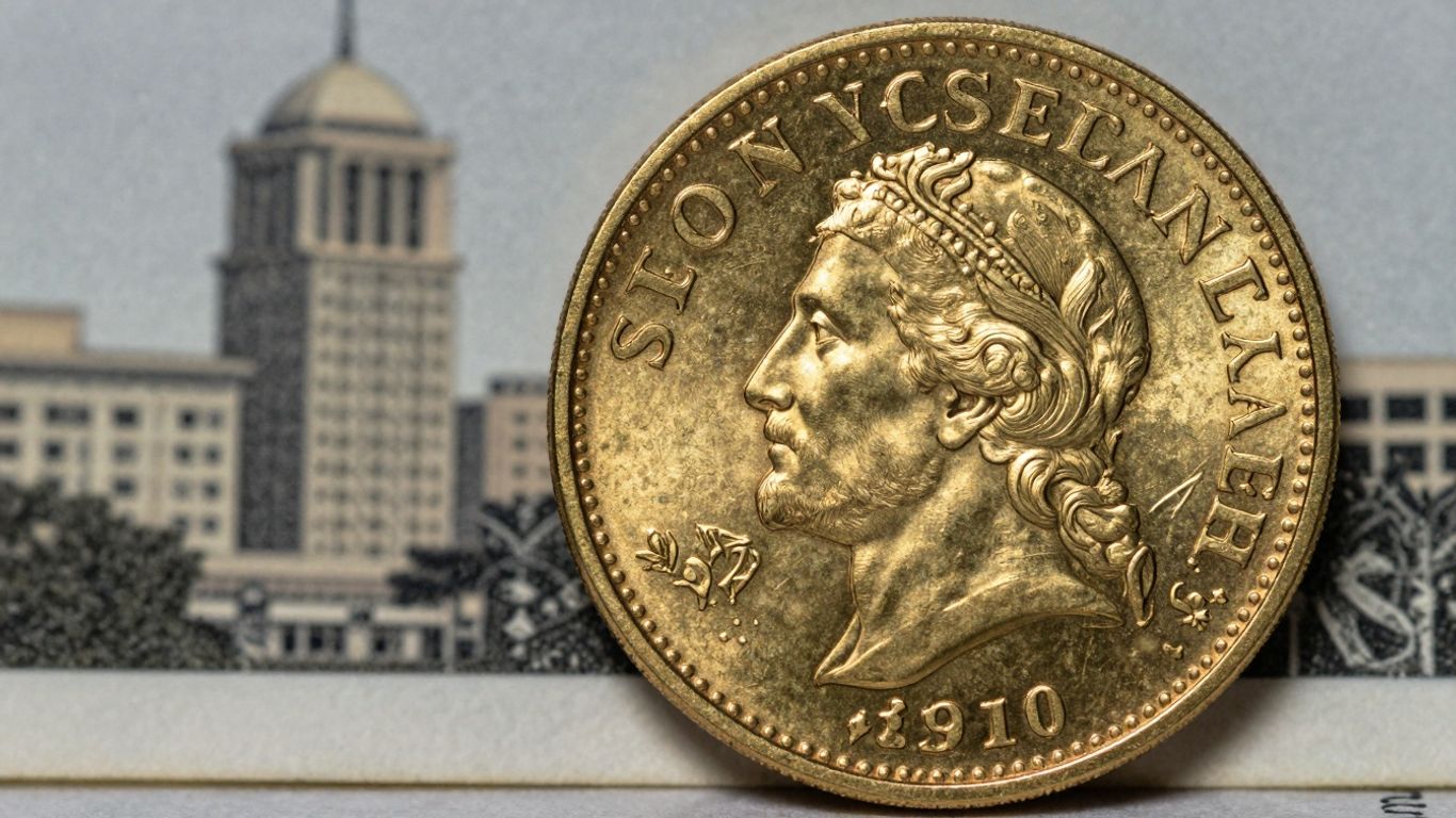Gold Sovereign coin with San Antonio skyline.