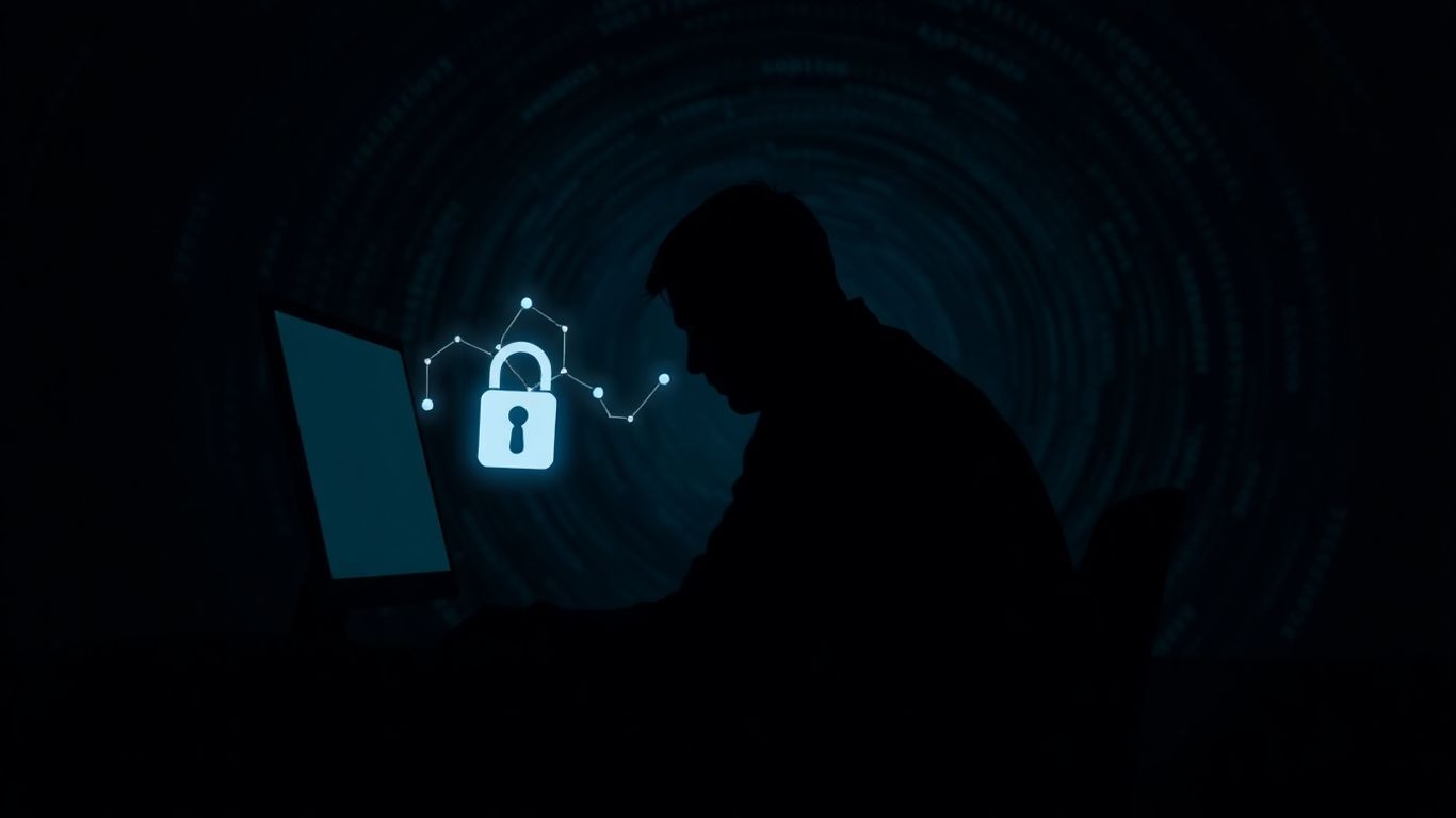 Shadowy figure at computer with digital lock and code vortex.