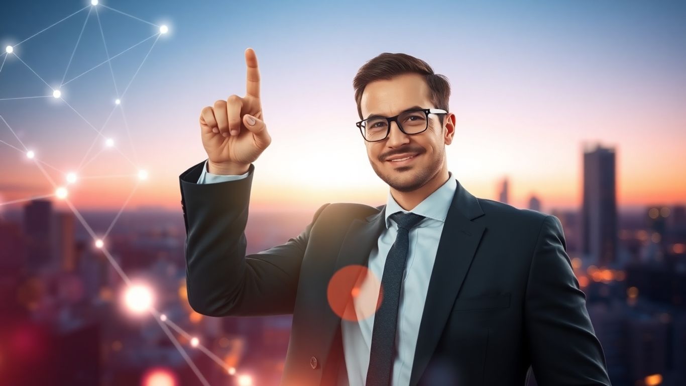 Business professional pointing upwards with digital elements.