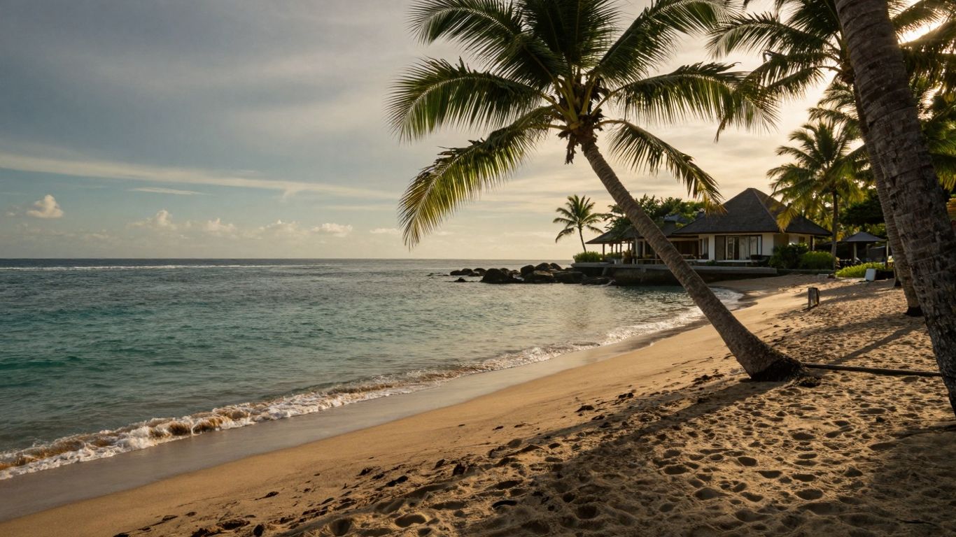 Balinese beach sunset with palm trees and villa.