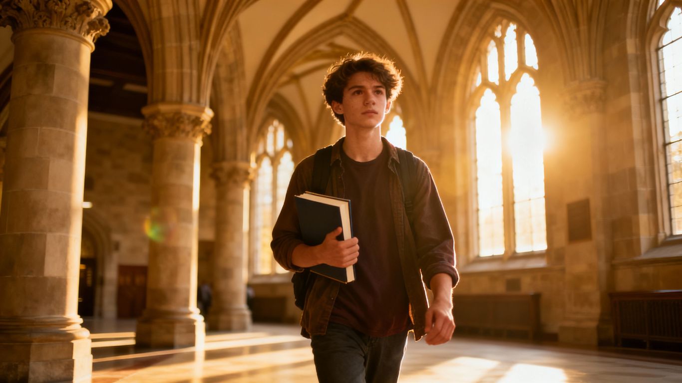 Student confidently walking through university hall.