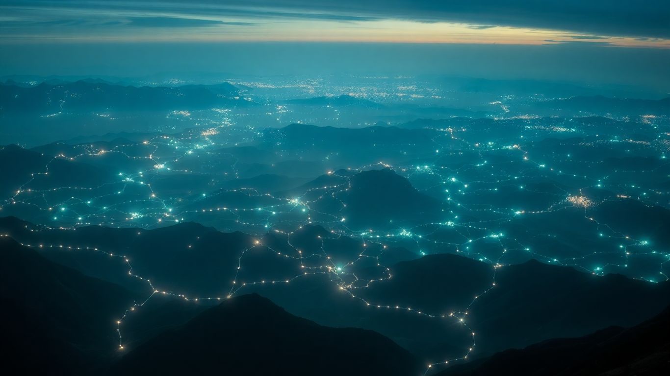 Interconnected light network over mountains and oceans.