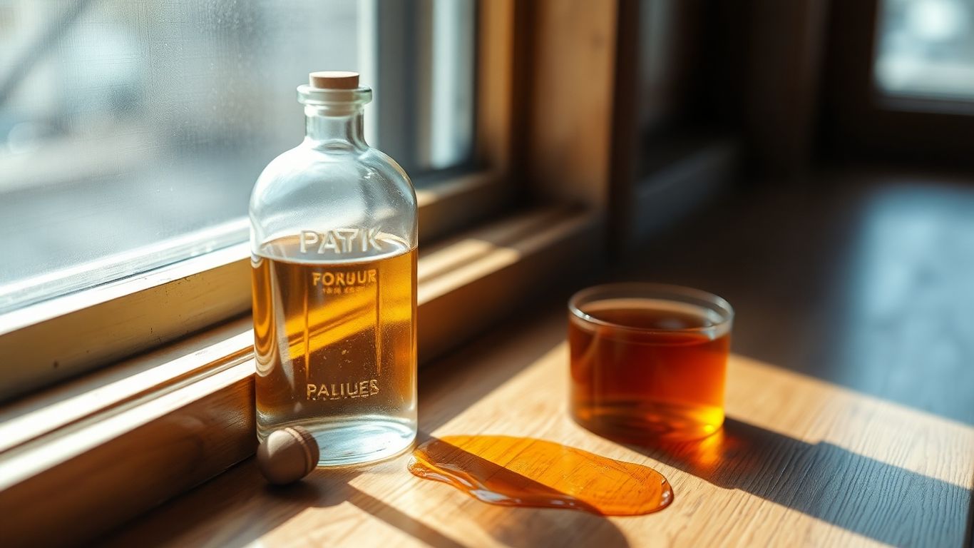 A cloudy perfume bottle near a spill on wood.